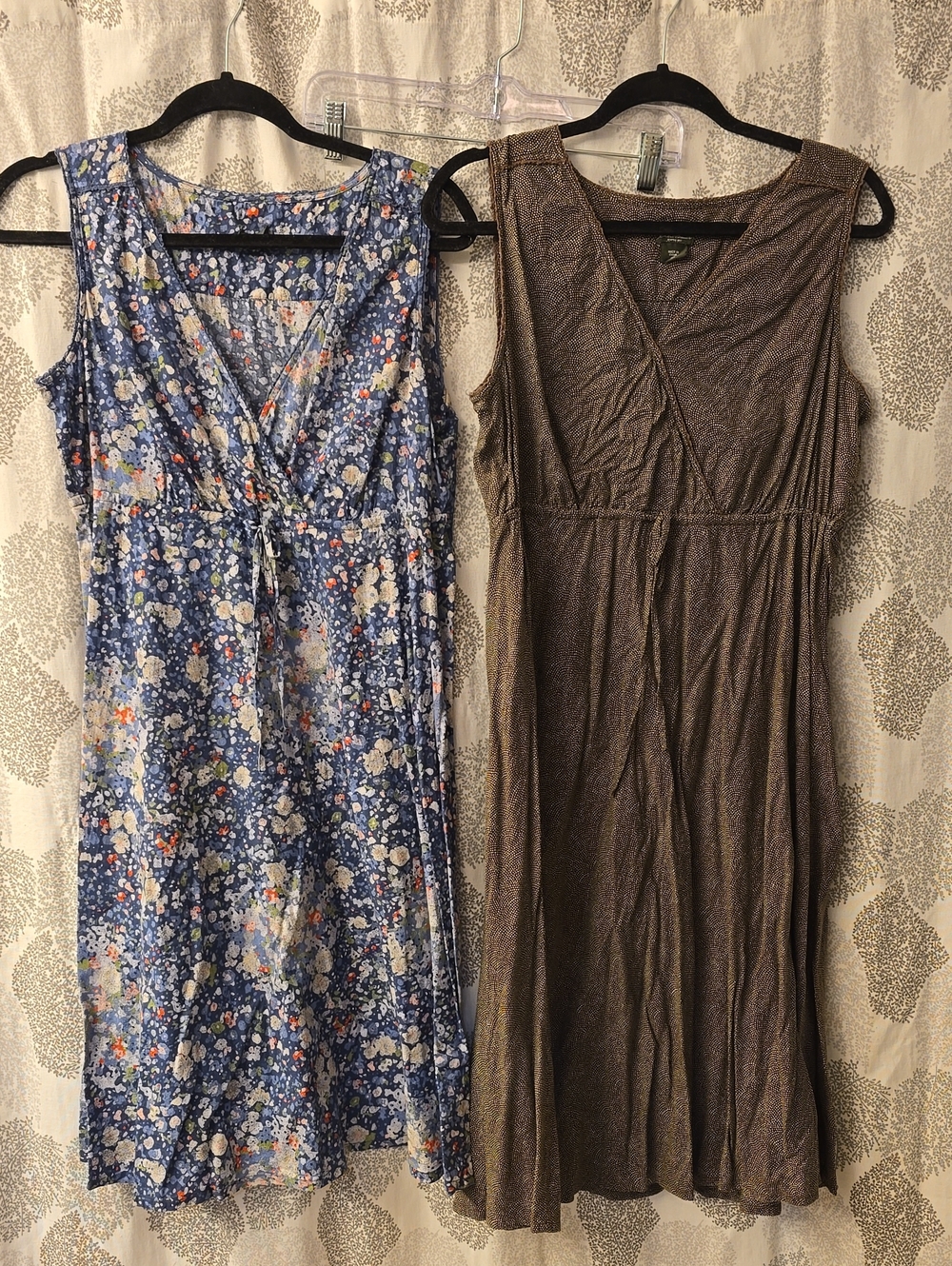 Eddie Bauer Blue Floral And Brown Dot Sleeveless V-Neck Dress Bundle